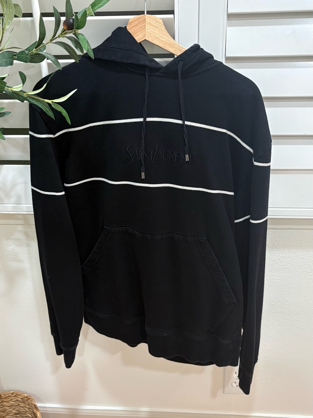 Saint Laurent Paris Men’s Striped Logo Embroidered Cotton Hoodie Size M Black